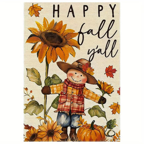 WJ236427  Happy Fall Y'all Scarecrow & Sunflower Garden Flag – Polyester –