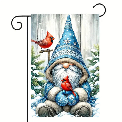 QH203225  Blue Hat Gnome & Cardinal Winter Garden Flag - Durable Polyester