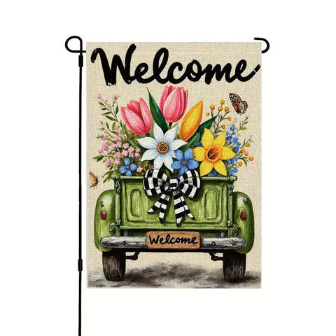 MJ11970126 Welcome Garden Flag | Vintage Green Pickup Truck with Colorful Flowe