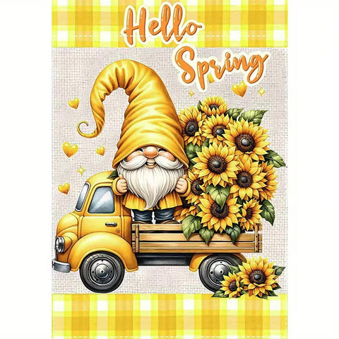VW1891075 Yellow Gnome Garden Flag - Double-Sided Linen Blend Welcome Spring