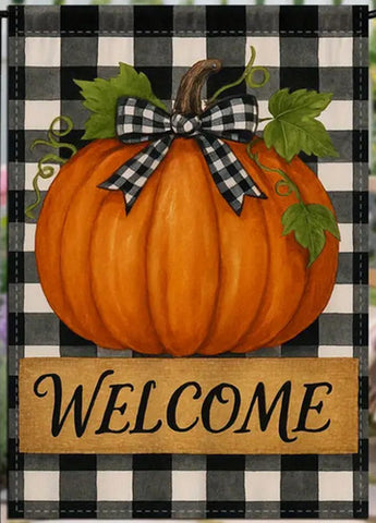 KX6123183 Double-Sided Fall Garden Flag with Welcome Sign - Checkered Bow