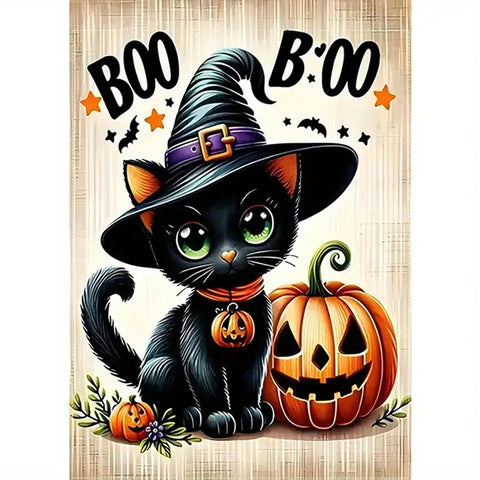 WV1653519 Black Cat & Jack-O'-Lantern Halloween Garden Flag - Festive Witch Hat