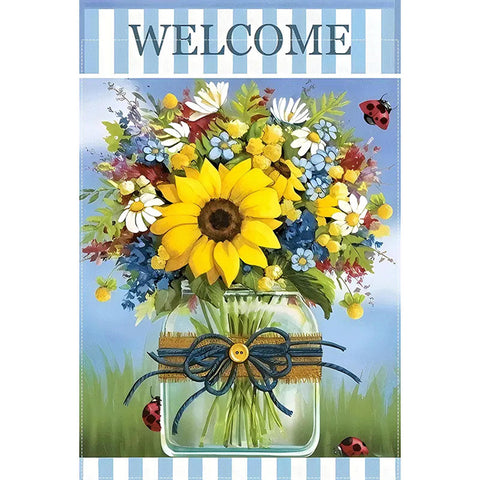 EB1838758 Charming Floral Mason Jar Garden Flag - "Welcome"  Vibrant Sunflower