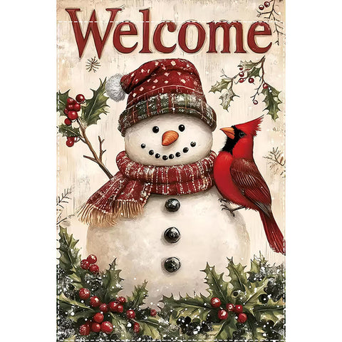 WN5593379 Festive Snowman & Red Cardinal Welcome Garden Flag - durable burlap