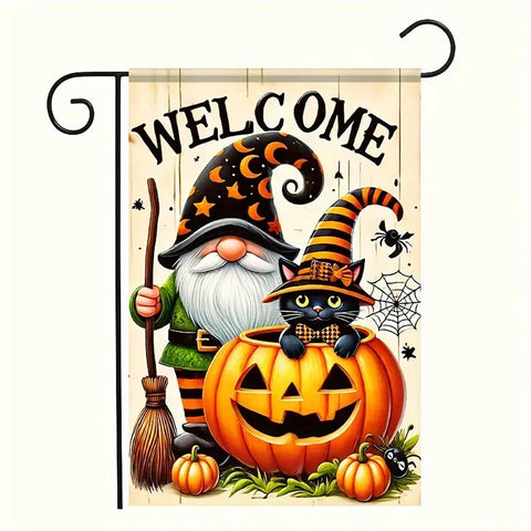 DQ174747 halloween welcome gnome, pumpkin and cat, double sided garden flag