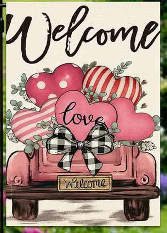 EW8141189 Valentine's Day Garden Flag with Welcome Heart Cutouts & Balloon Bow