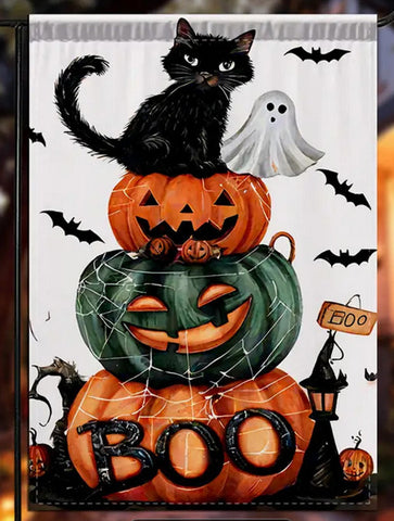 NU624409  Halloween Garden Flag with Black Cat & Jack-O-Lanterns - Double-Sided