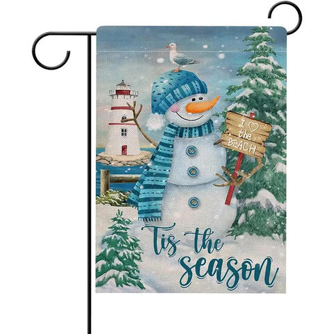 CE28631Tis The Season Winter Beach Snowman Snowflakes Coastal Blue Garden Flag