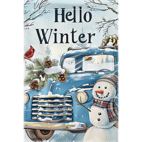 DX232014 Hello Winter Blue Truck, Snowman, Pines & Birds- Garden Flag double si
