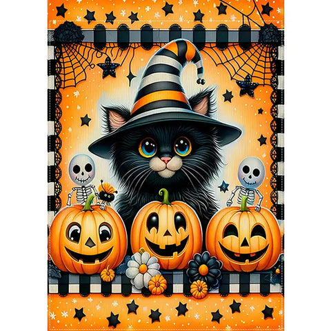 JK212209 Halloween Garden Flag - Double Sided Black Cat and Pumpkin, Polyester