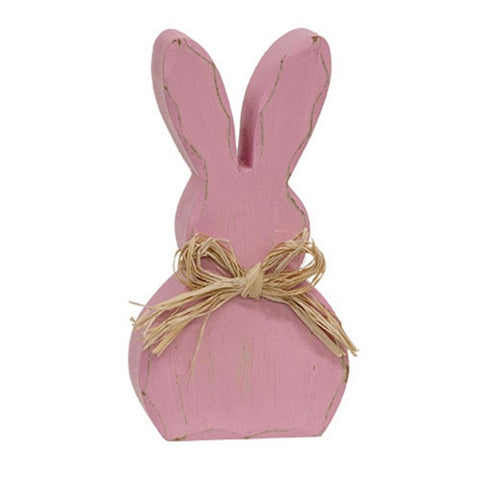 91173P- Distrissed chunky wood pink pastel bunny sitter w/raffia bow