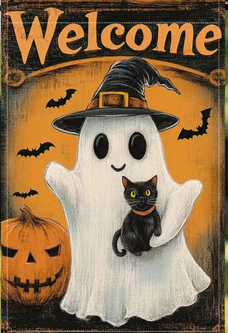 JR6053351 Welcome Ghost CAT bats  double sided polyester Garden Flag