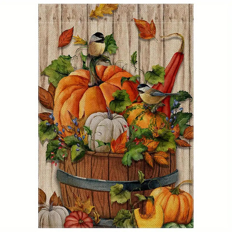 AR241565 autumn pumpkin gourd chickadee maple leaves double sided garden flag