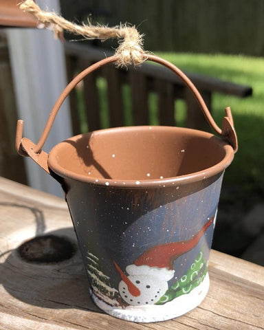 82676 - Snowman with Red Hat on Metal Bucket