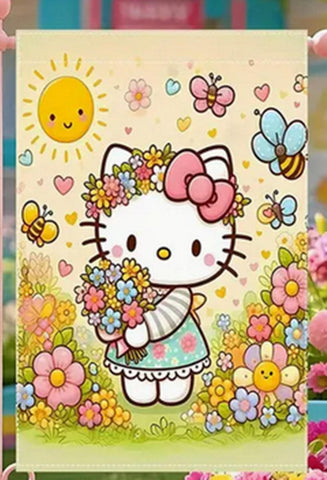 XY1624049 Hello Kitty Garden Flag - Vibrant Outdoor & Indoor Decor with Flowers