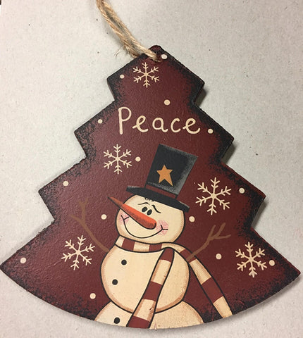Primitive Wood WL022 Peace Tree Snowman Christmas Ornament