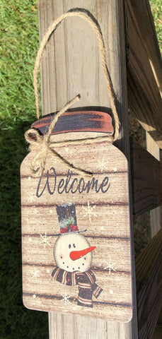 Primitive Wood 206-79097NB Welcome Snowman Top Hat  mason Jar