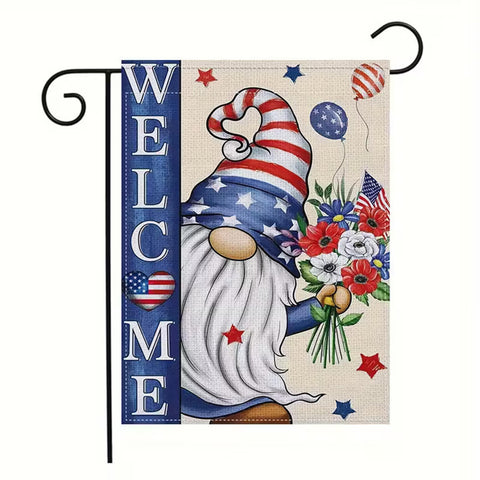 YD3619461 Patriotic Garden Flag with Welcome  Gnome Holding Vibrant Flower