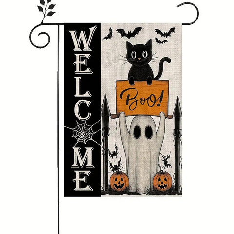 MR272723 Halloween Welcome Ghost Cat Pumpkin  garden flag, Double-Sided