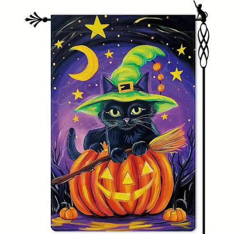 NG2164839 Double-Sided Halloween Garden Flag - Black Witch Cat with Broomstick