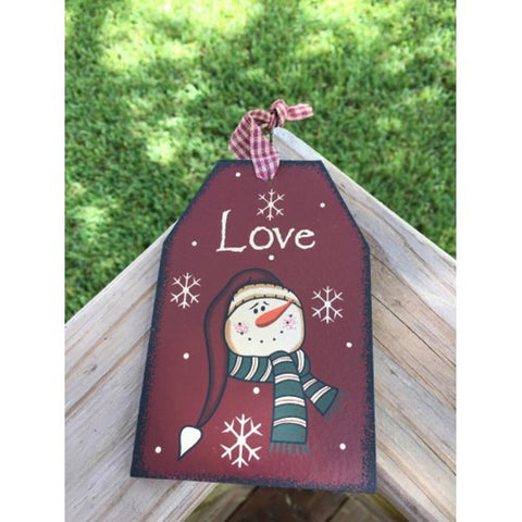 Primitive Wood Gift Tag 206-69483 Love Burgundy Snowman Tag Ornament