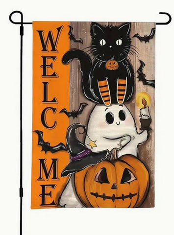 YG267293 Halloween Welcome Garden Flag -  Double-Sided with Black Cat