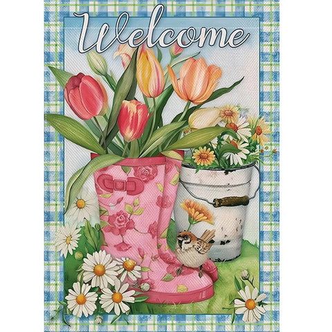 VH2153854 Double-Sided Welcome Garden Flag with Pink Rain Boots polyester
