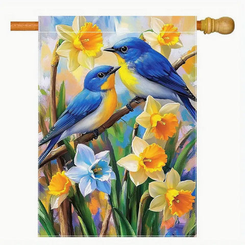 TX804713 Vibrant Spring Garden Flag with Bluebirds & Daffodils , Double-Sided