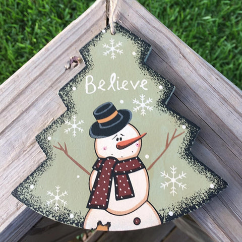 Primitive Wood WL022 Believe Tree Snowman Christmas Ornament