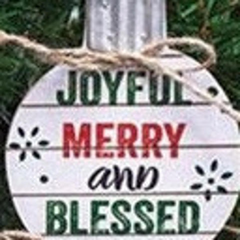 GHY02621 Joyful Merry and Blessed round wood ornament