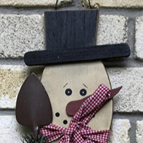 30027034  Snowman Decoration with Metal Shovel, greenery and Scarf