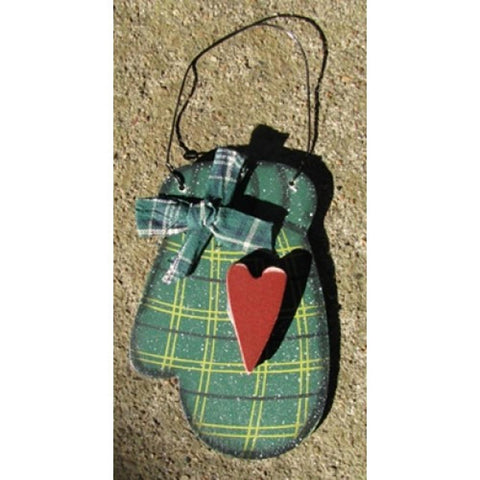 WD1187 - Green plaid wood mitten with red heart and gingham bow