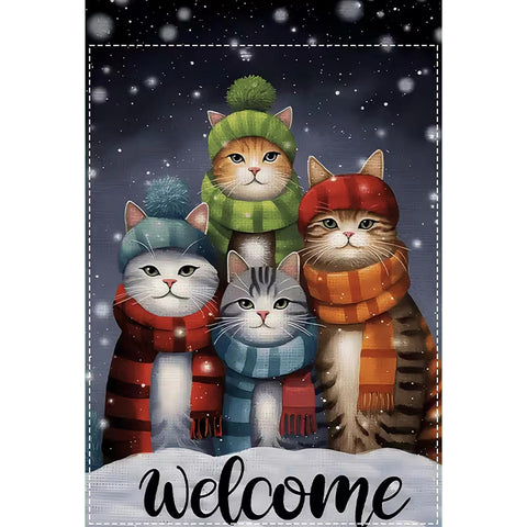 DL8377077 Winter Cats Welcome Garden Flag - Double-Sided  Snowy Cats with Tabby
