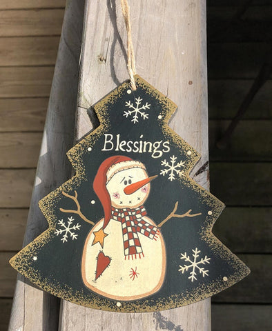 Primitive Wood 206-74705NB Blessings Tree Snowman Christmas Ornament