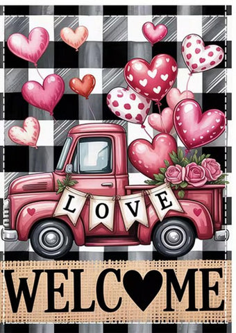 46MK152730 Welcome Love Truck with hearts double sided polyester garden flag