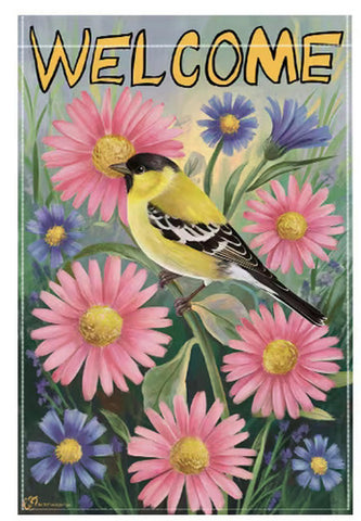 FL7745105 Goldfinch & Pink Daisy Garden Flag, Welcome Double-Sided