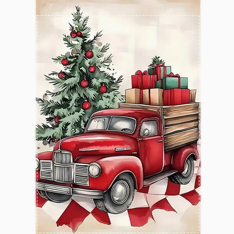 FW277916 Festive Christmas Tree and Truck Garden Flag - Double-sided Burlap