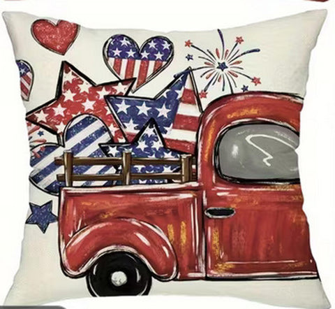 LH4069492 Red Truck with hearts and stars  Throw Pillow Cover (NO INSERT)