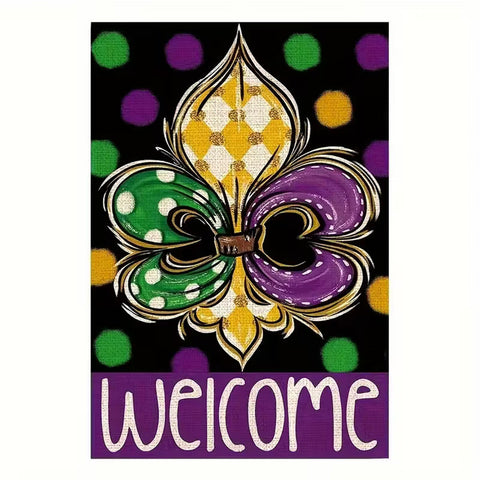 EE1908919 Mardi Gras Welcome Garden Flag - Dual-Sided Linen Blend