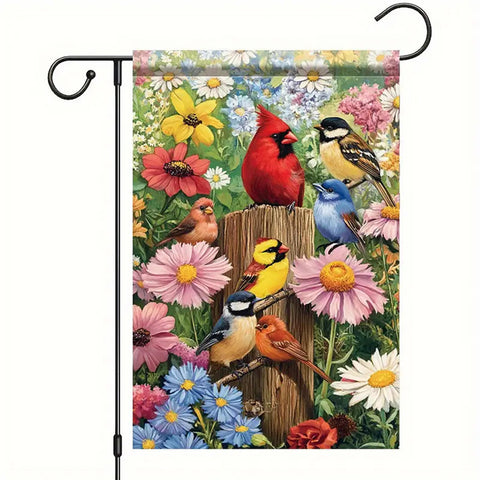 JM1795629 Double-Sided Garden Flag - Vibrant Yellow Floral & Cheerful Birds