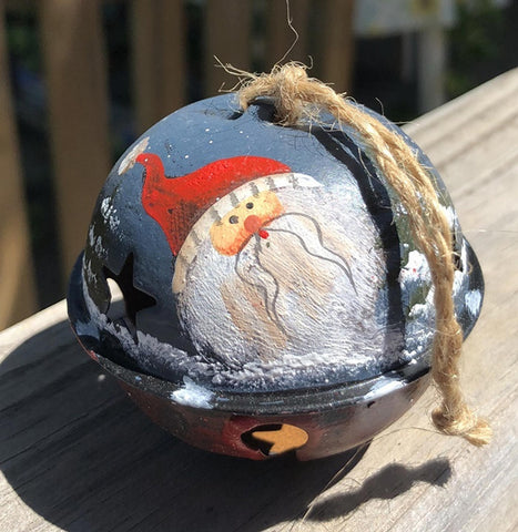 66280 - Santa Blue metal Bell Ornament with Red Hat