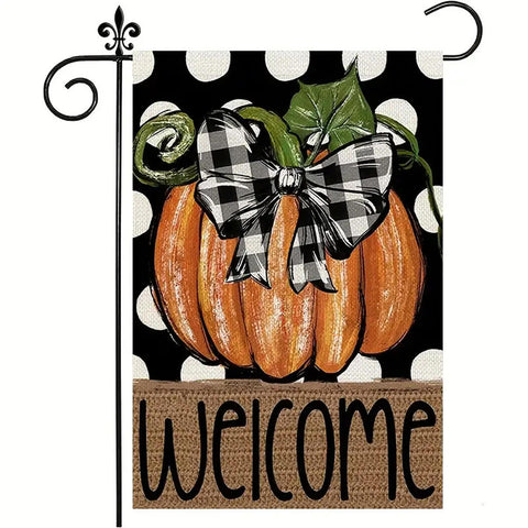KF122906 Welcome pumpkin autumn harvest burlap polka dot garden flag