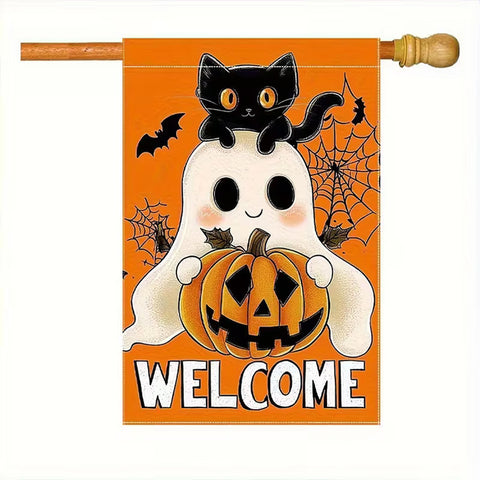 LF4909001 Halloween Welcome Garden Flag - Spooky Cute Pumpkin, Ghosts, Black Ca