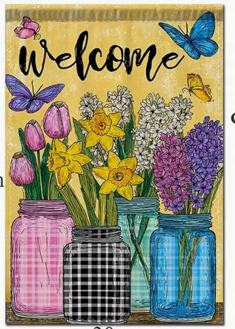 GY4069060 Welcome mason jar, butterflies and flowers double sided garden flag
