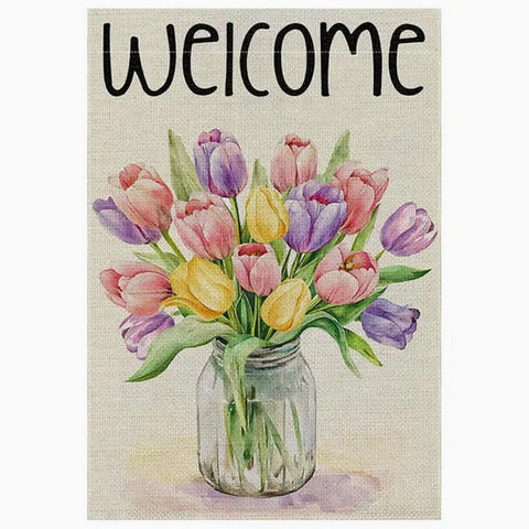RR756547 Welcome Spring Tulip Flower Garden Yard Flag, Double Sided,