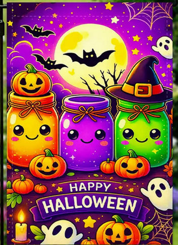 DM7858052 Halloween Garden Flag with Cute Smiling Jack-O'-Lanterns, Bats, Ghost