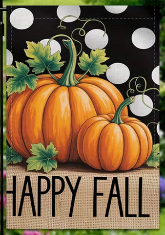 FW6710102 Happy Fall Garden Flag with Pumpkin & Leaf Design - Vibrant Orange