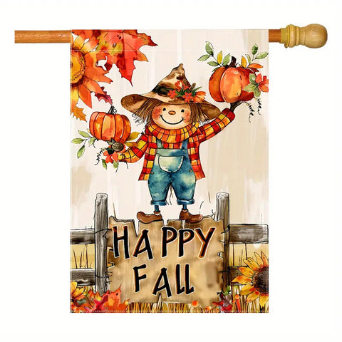 JE228885  Happy Fall Autumn Scarecrow Double-Sided Linen Garden Flag