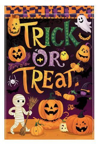 MG7372587   Halloween Garden Flag - Trick or Treat with Jack-O'-Lanterns, Bats,