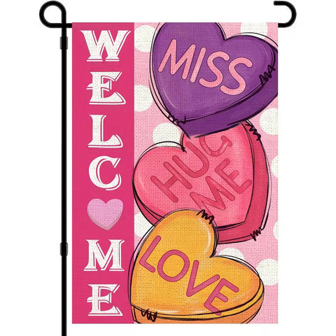 TK681955 Valentine's Day Garden Flag - Purple Pink Yellow Love Heart Welcome
